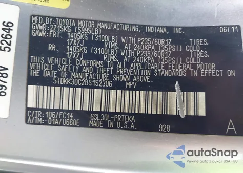 2011 Toyota Sienna Le V6 из США, поврежденный, VIN 5TDKK3DC2BS152306